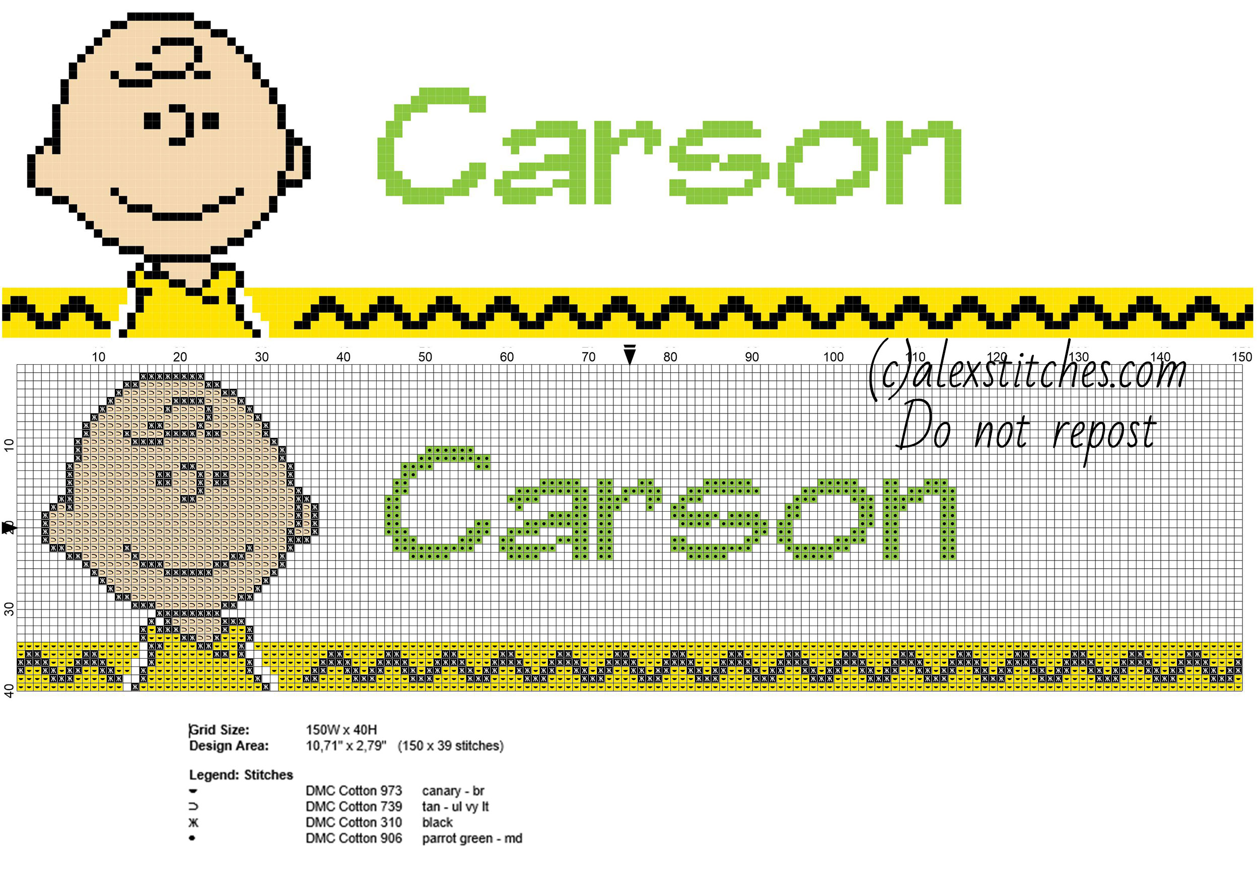 Carson cross stitch baby male name with Peanust Charlie Brown