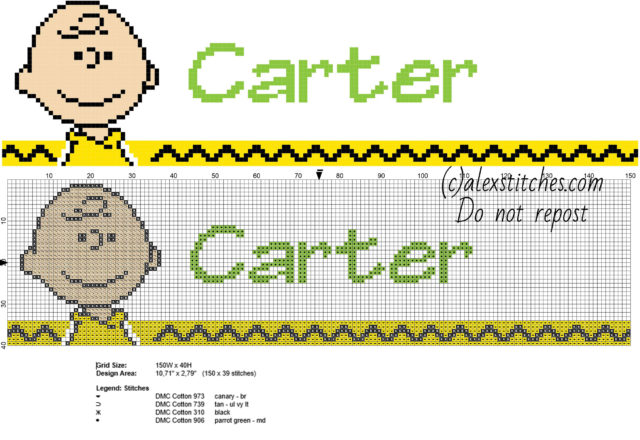 Carter cross stitch baby male name with Peanuts Charlie Brown