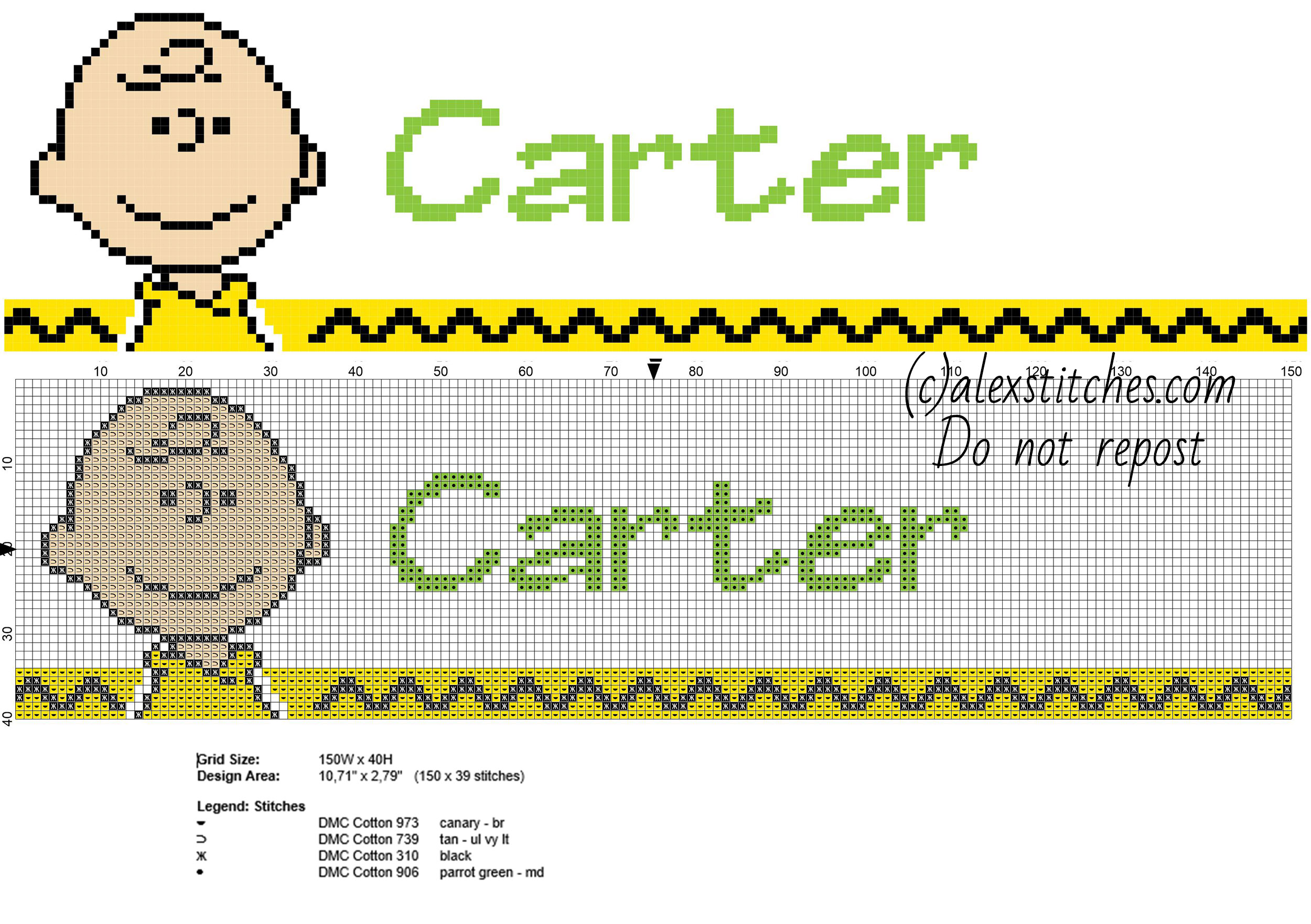 Carter cross stitch baby male name with Peanuts Charlie Brown