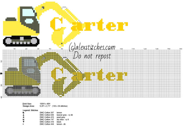 Carter cross stitch baby male name with excavator