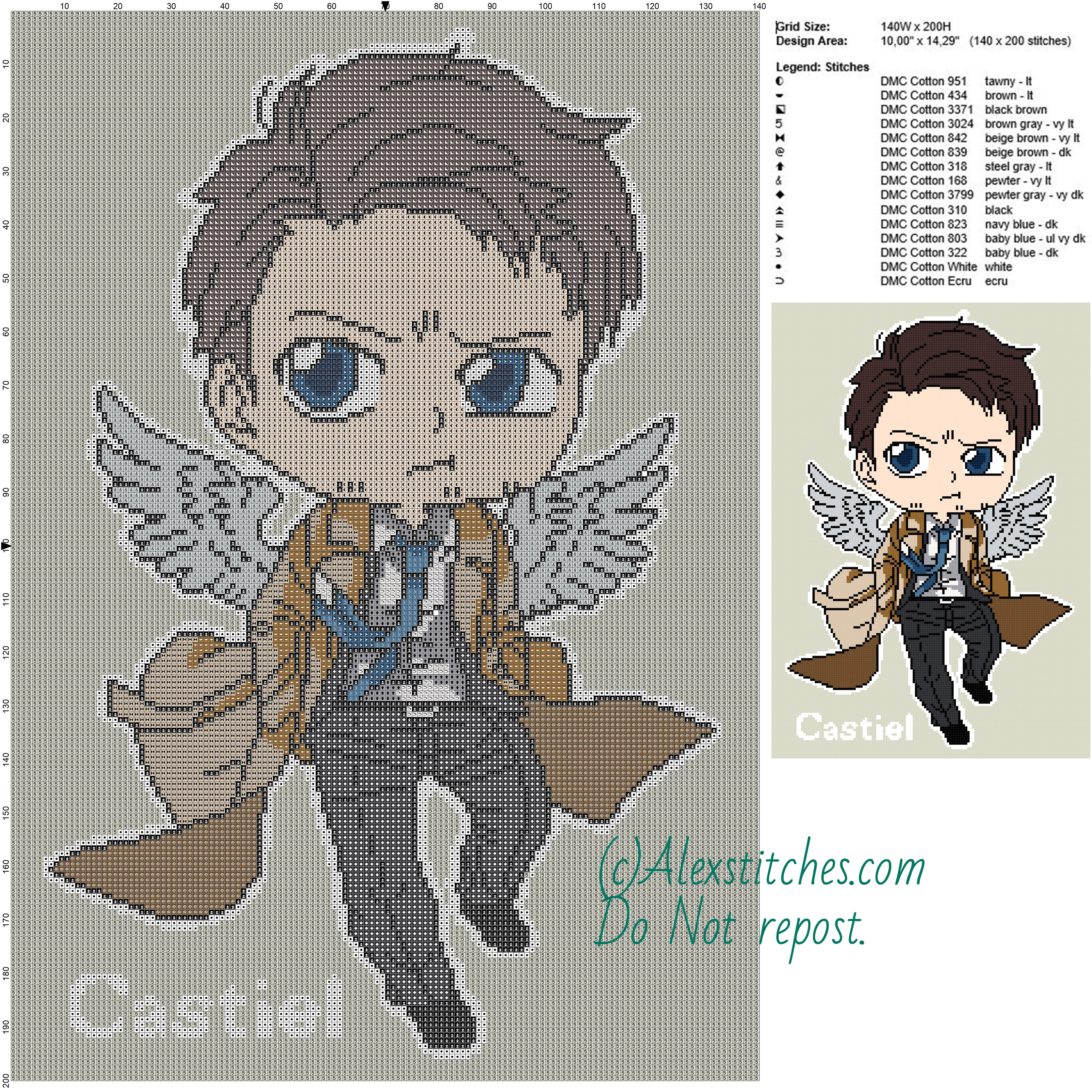 Castiel (Doctor Who) free cross stitch pattern 140x200 15 colors