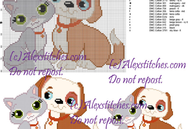 Cat and Dog friends cross stitch pattern 100x81 17 colors