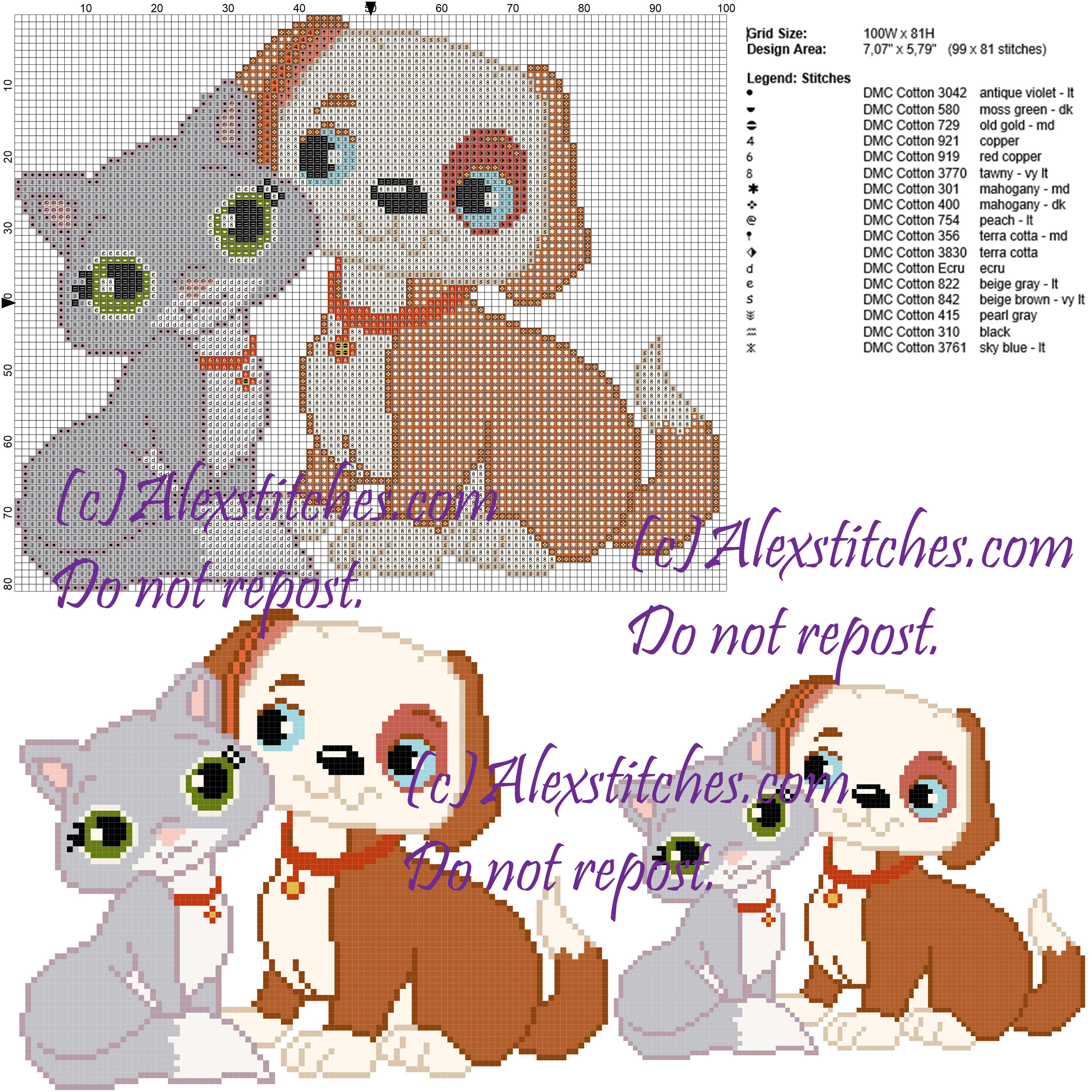 Cat and Dog friends cross stitch pattern 100x81 17 colors