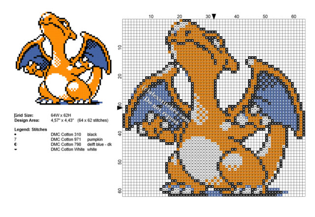 Charizard Pokemon small cross stitch pattern 64 x 62 stitches 4 DMC threads