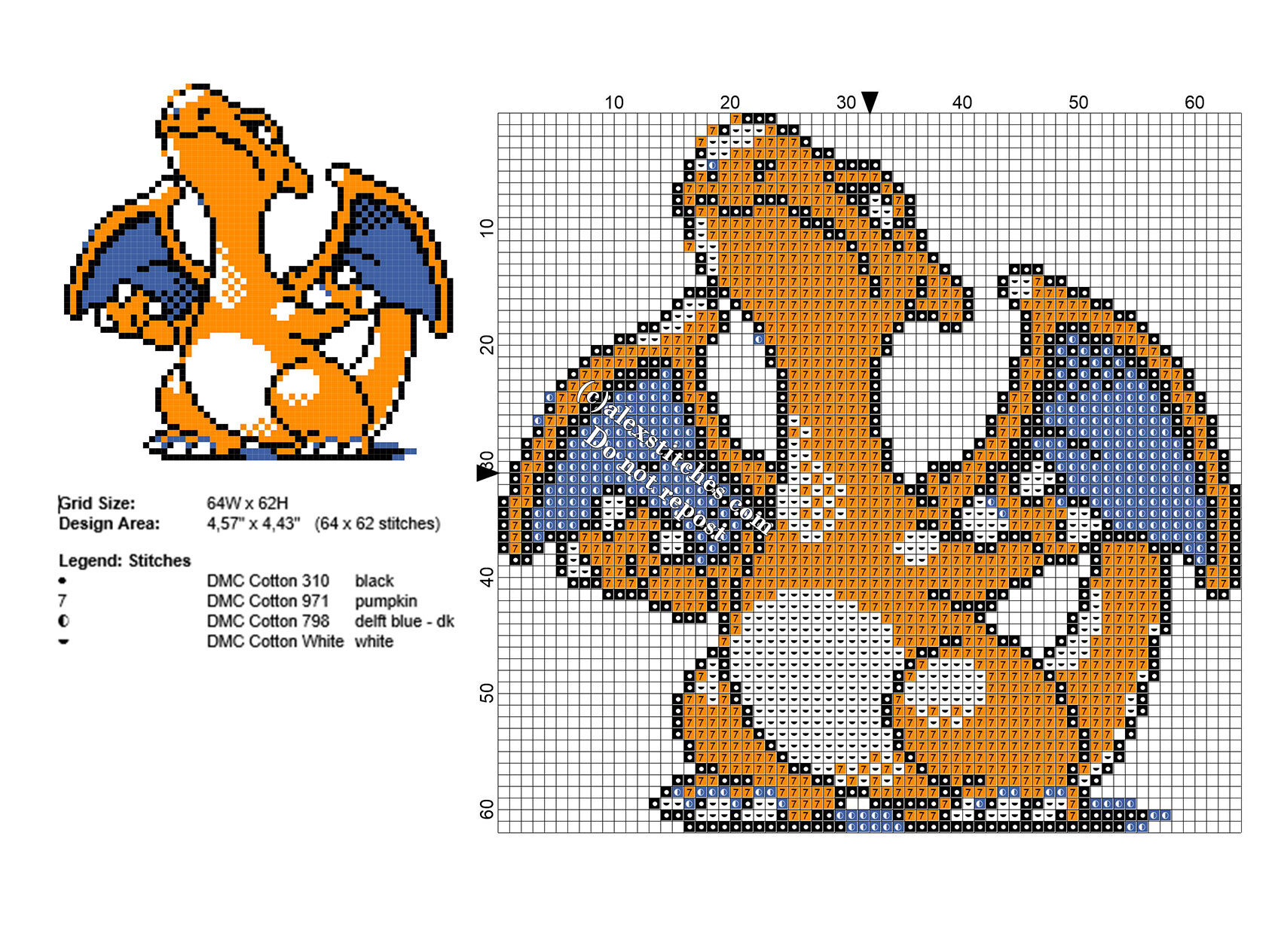 Charizard Pokemon small cross stitch pattern 64 x 62 stitches 4 DMC threads