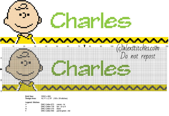 Charles cross stitch baby male name with Peanuts Charlie Brown