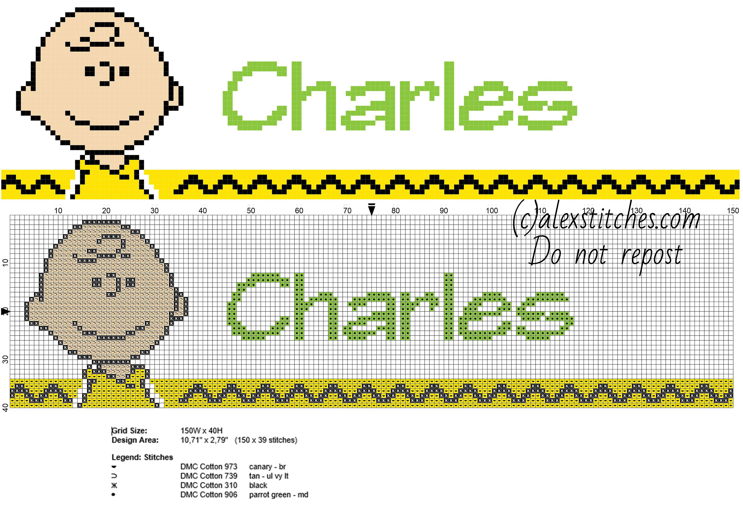 Charles cross stitch baby male name with Peanuts Charlie Brown
