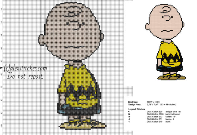 Charlie Brown Peanuts character free cross stitch pattern