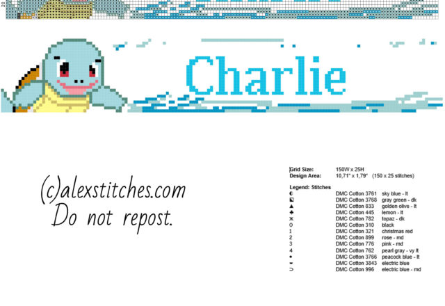 Charlie baby male name with Pokemon Squirtle free cross stitch pattern baby bibs idea