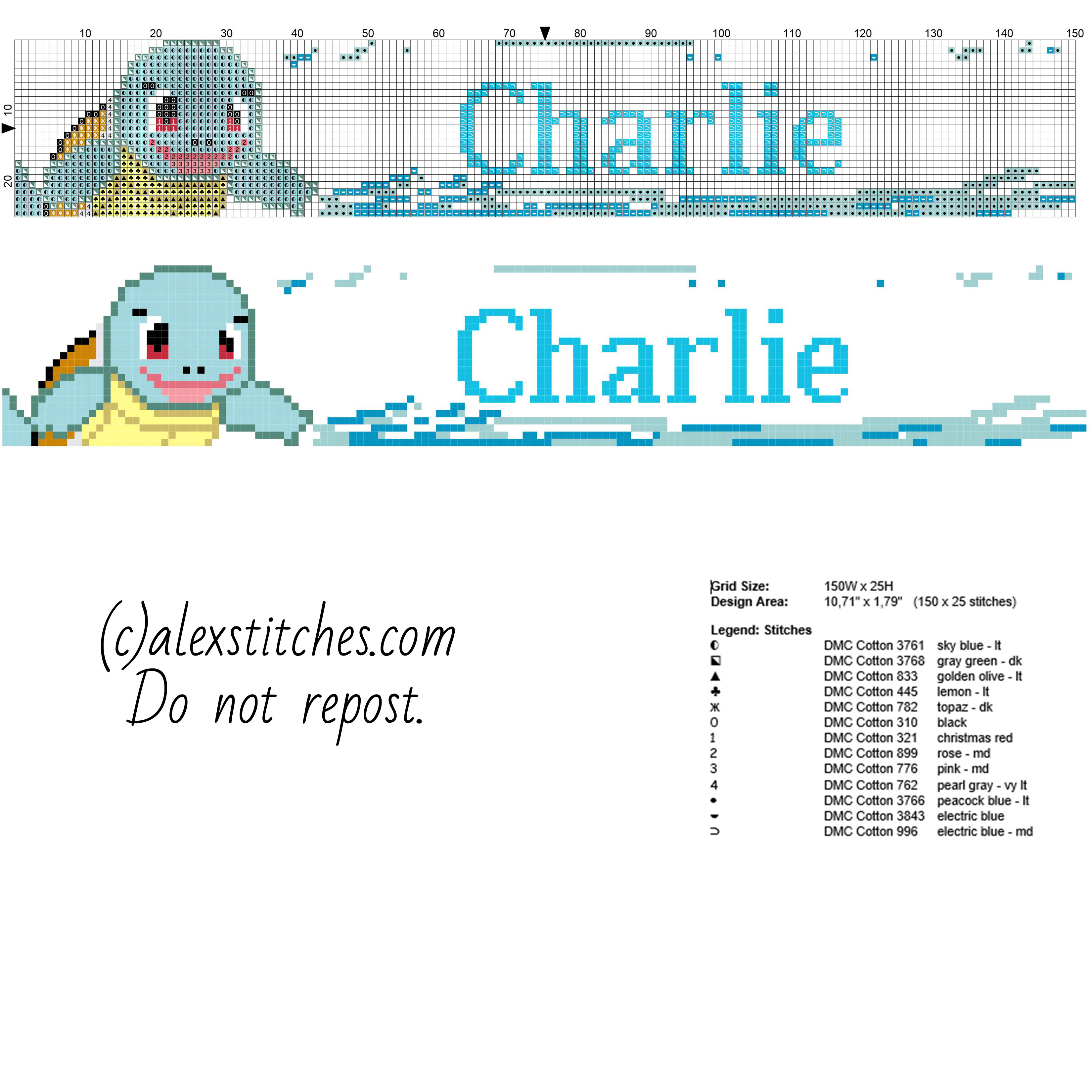 Charlie baby male name with Pokemon Squirtle free cross stitch pattern baby bibs idea