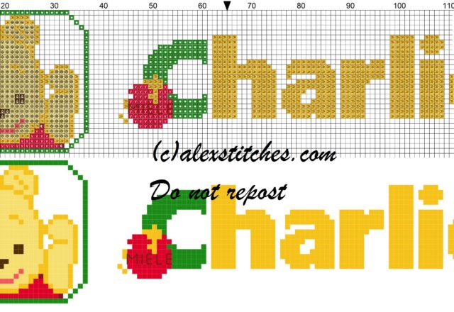Charlie name with Baby winnie the pooh free cross stitches pattern
