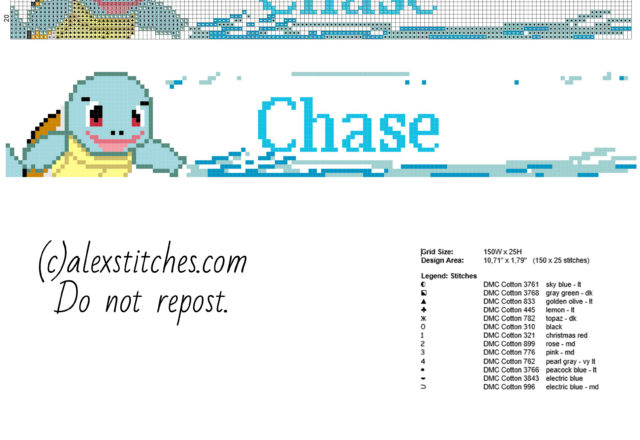 Chase baby male name with Pokemon Squirtle free cross stitch pattern baby bib idea