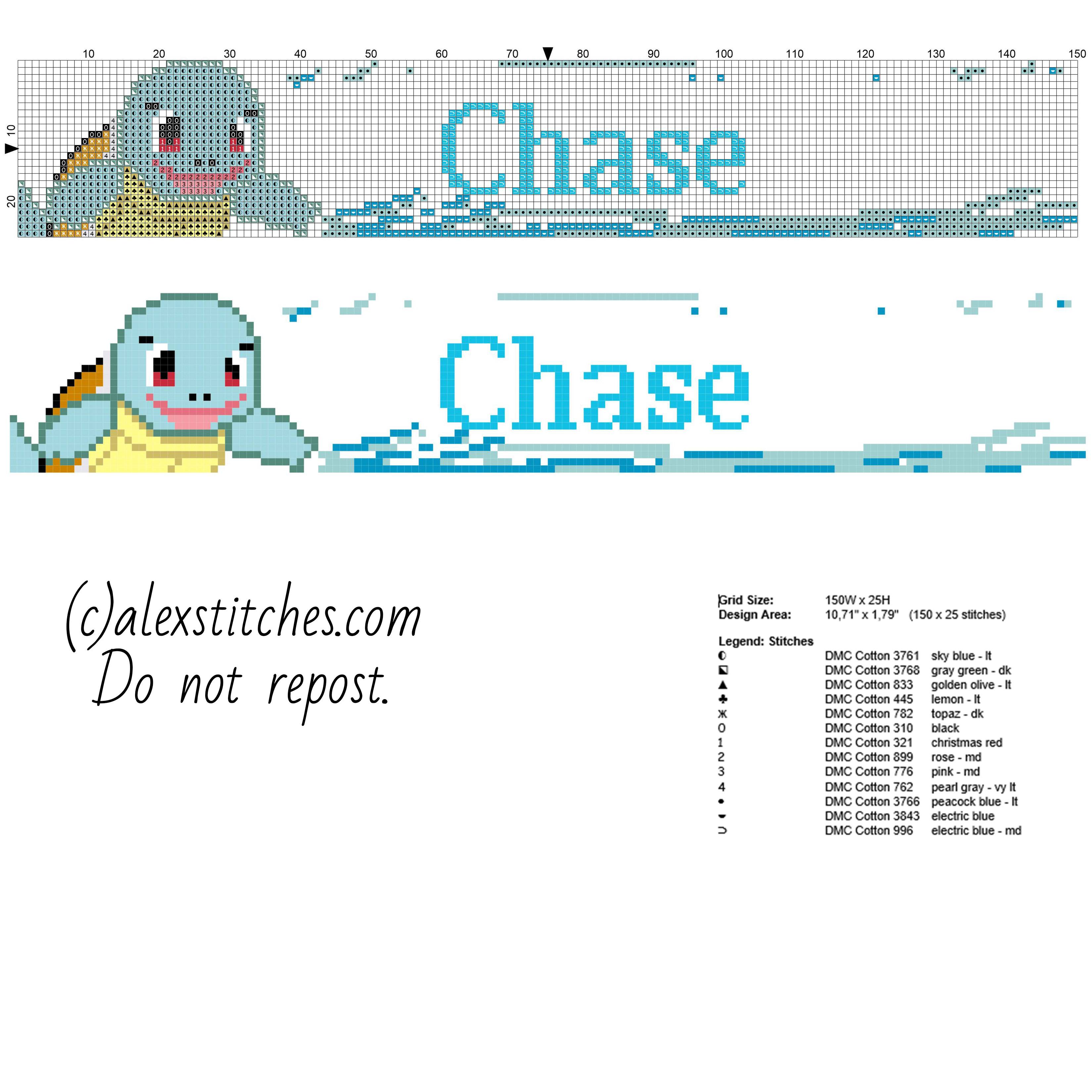 Chase baby male name with Pokemon Squirtle free cross stitch pattern baby bib idea