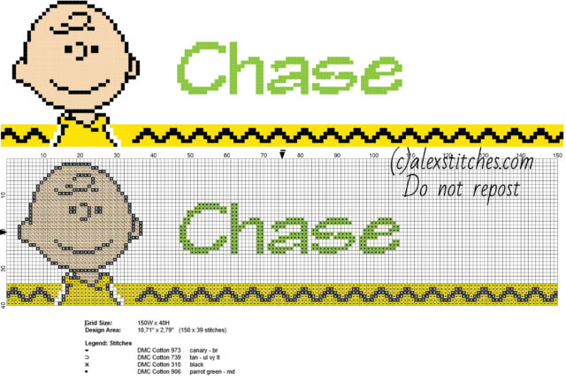 Chase cross stitch baby male name with Peanuts Charlie Brown