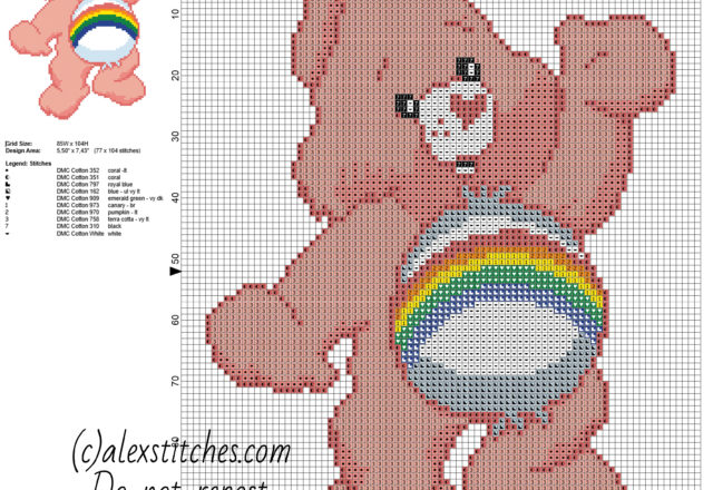 Cheer Bear Care Bears character free cross stitch pattern size 77 x 104 stitches 10 DMC threads colors
