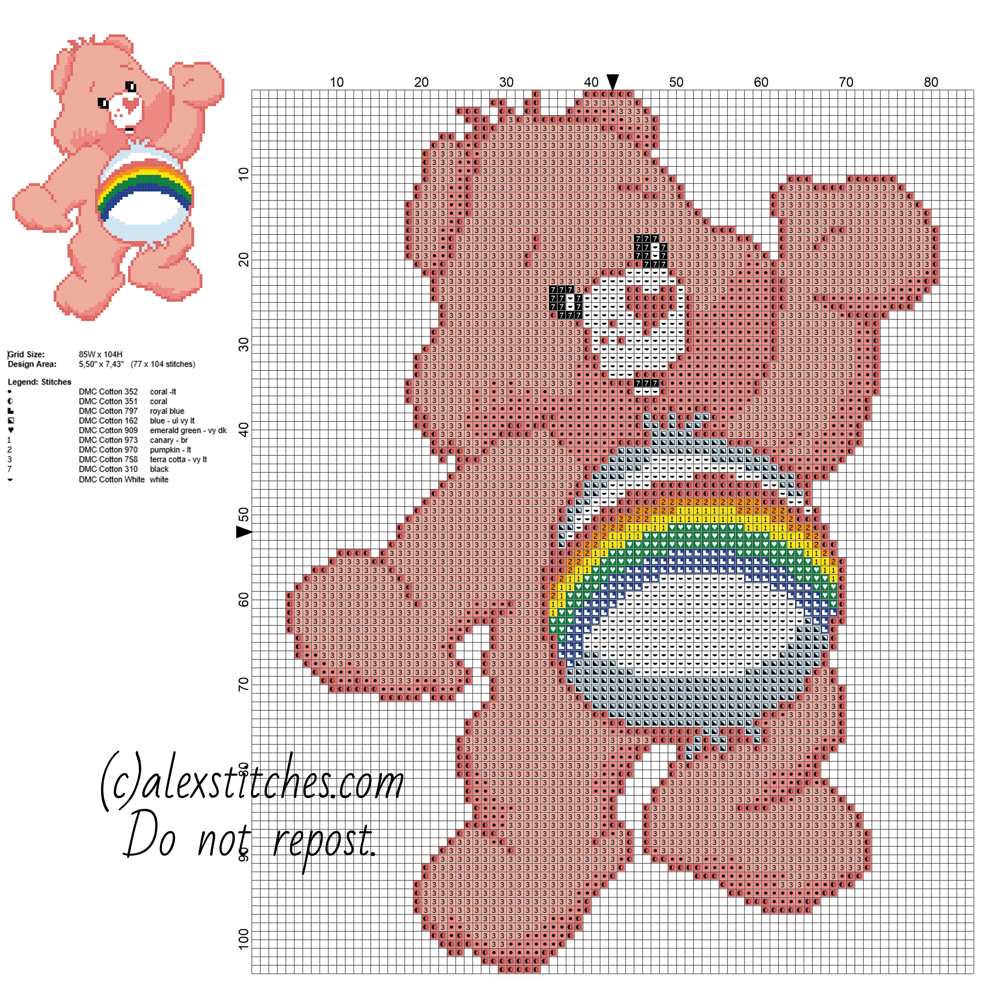 Cheer Bear Care Bears character free cross stitch pattern size 77 x 104 stitches 10 DMC threads colors