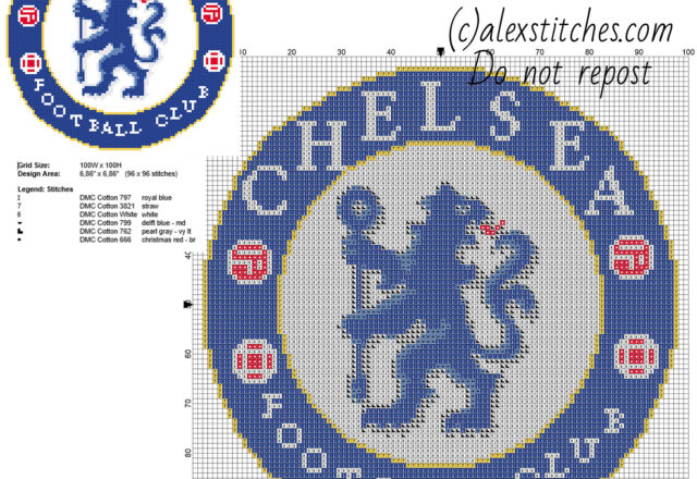 Chelsea F_C_ soccer team badge logo free cross stitch pattern 96 x 96 stitches 6 DMC threads