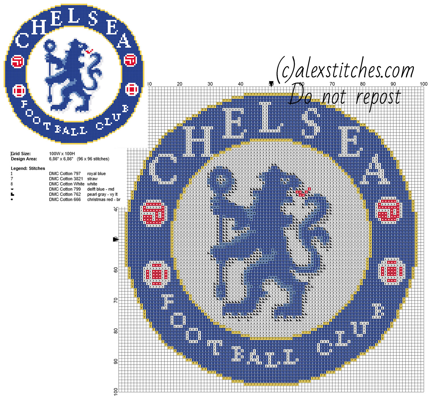 Chelsea F_C_ soccer team badge logo free cross stitch pattern 96 x 96 stitches 6 DMC threads