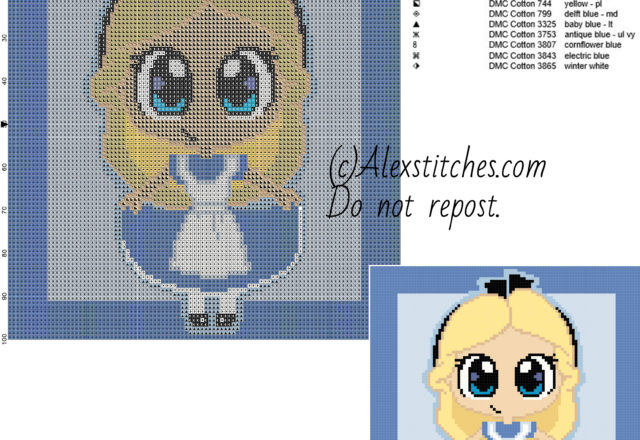 Chibi Alice in Wonderland disney free cross stitch pattern 100x100 11 colors