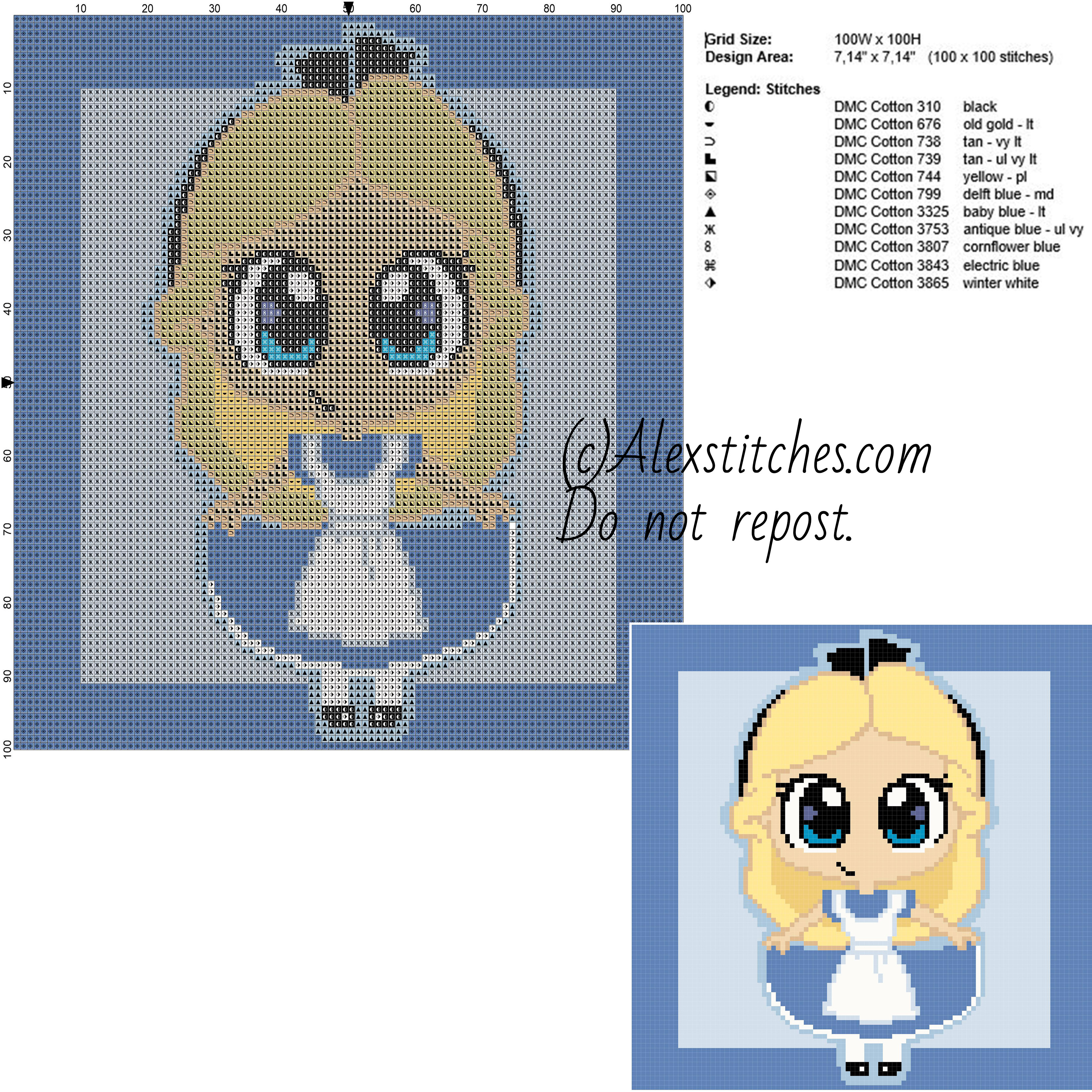 Chibi Alice in Wonderland disney free cross stitch pattern 100x100 11 colors
