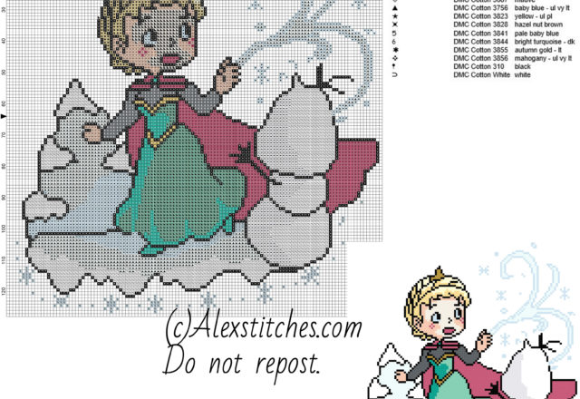 Chibi Elsa with snow disney princess free cross stitch pattern 120x128 15 colors