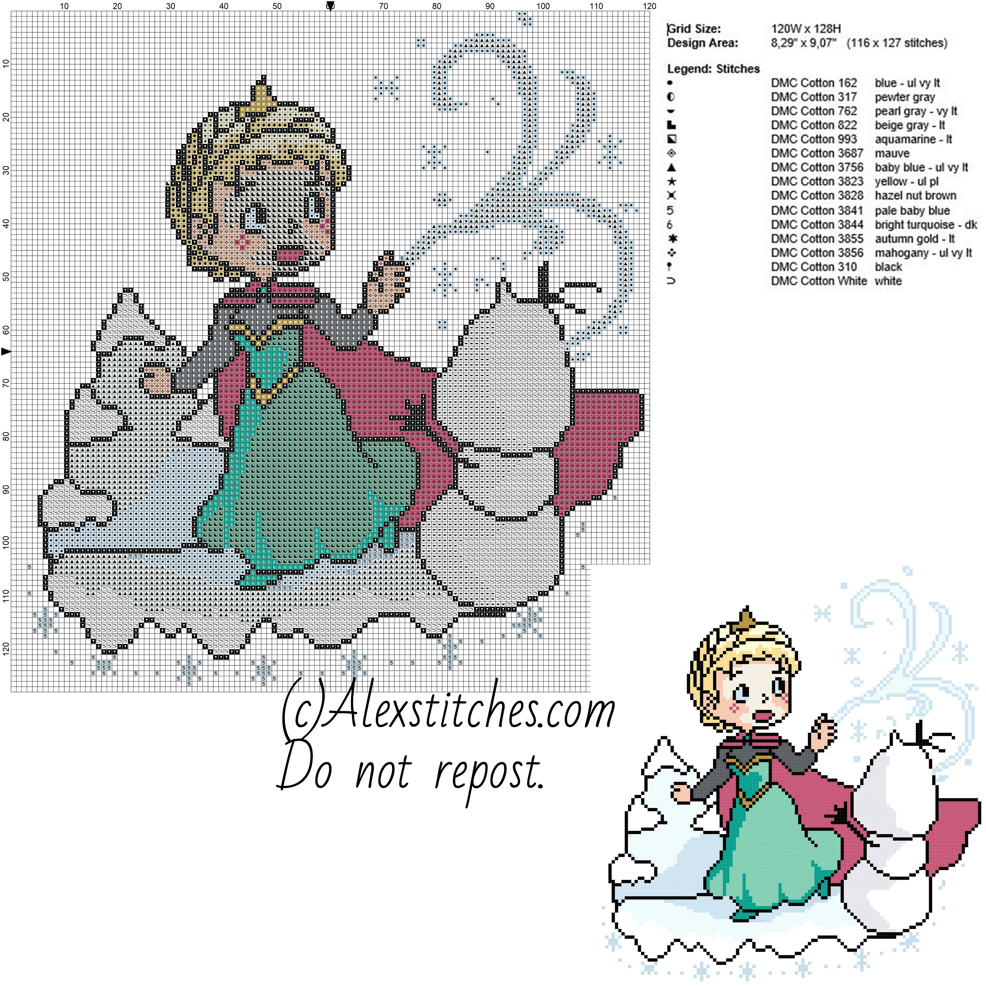 Chibi Elsa with snow disney princess free cross stitch pattern 120x128 15 colors