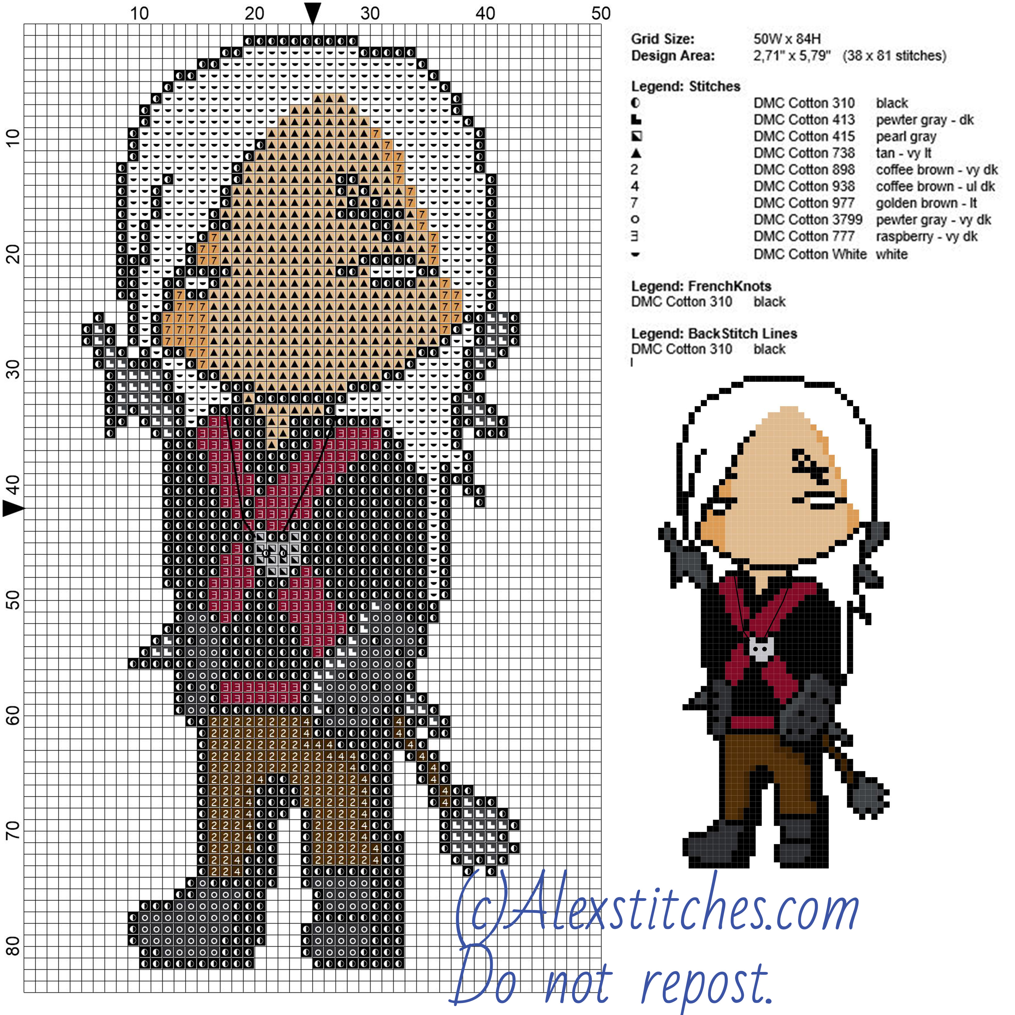 Chibi Geralt Of Rivia The White Wolf The Witcher games free cross stitch pattern 50x84 10 colori