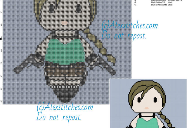 Chibi Lara Croft Tomb Raider free cross stitch pattern 100x102 10 colors
