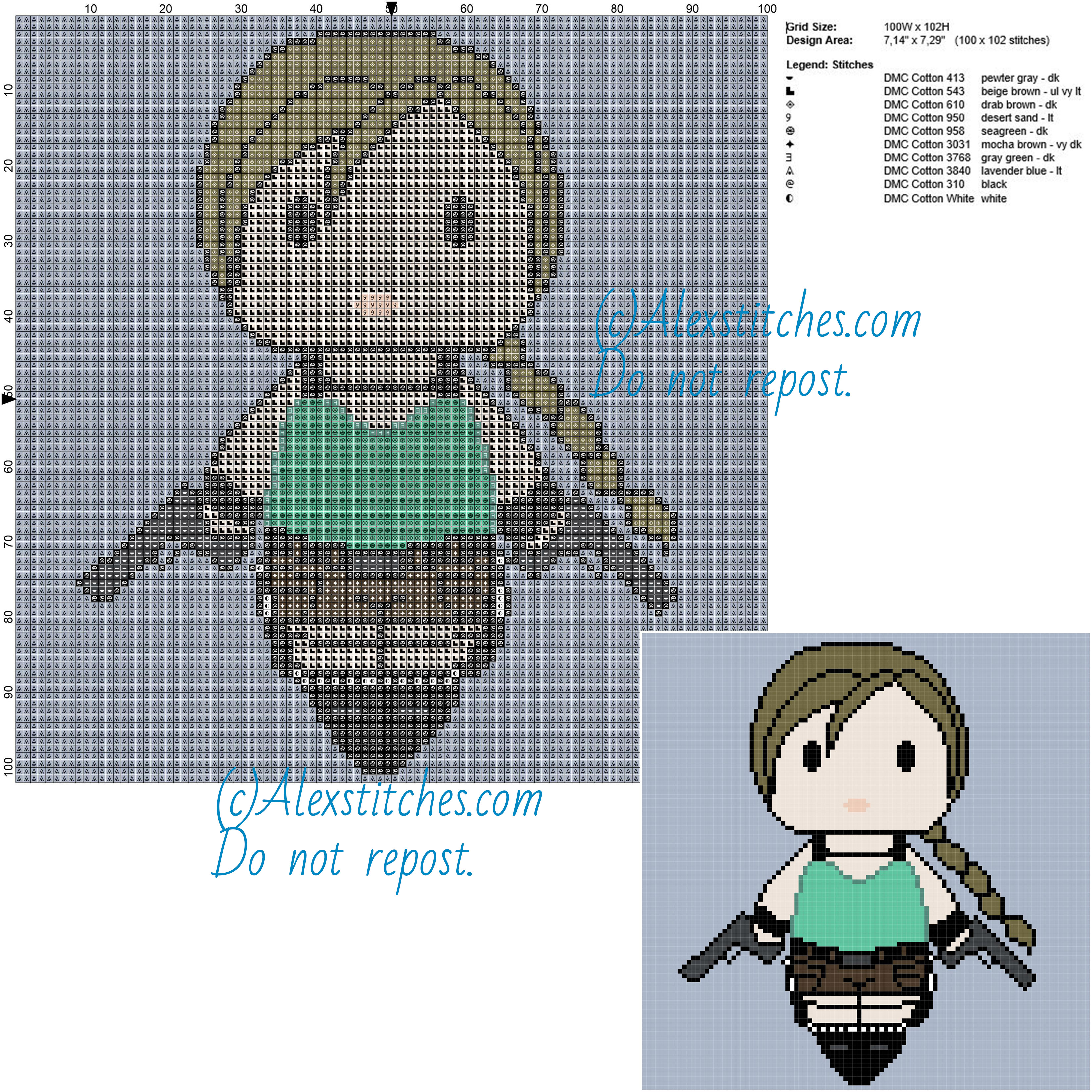 Chibi Lara Croft Tomb Raider free cross stitch pattern 100x102 10 colors