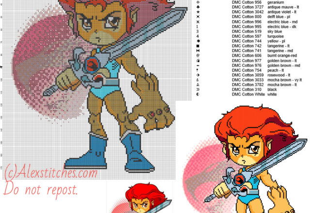 Chibi Lion-O (Thundercats) free cross stitch pattern 150x179 25 colors