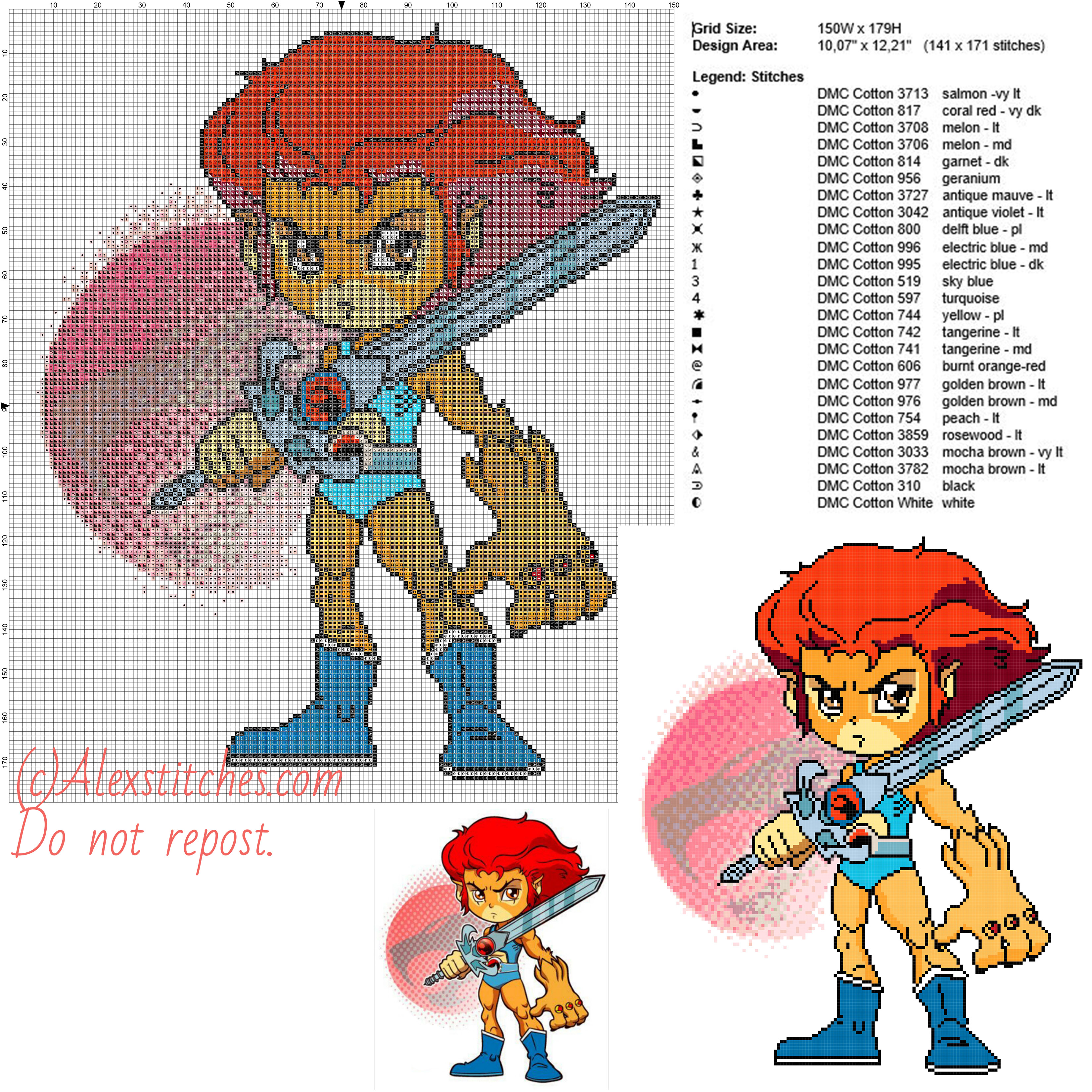 Chibi Lion-O (Thundercats) free cross stitch pattern 150x179 25 colors