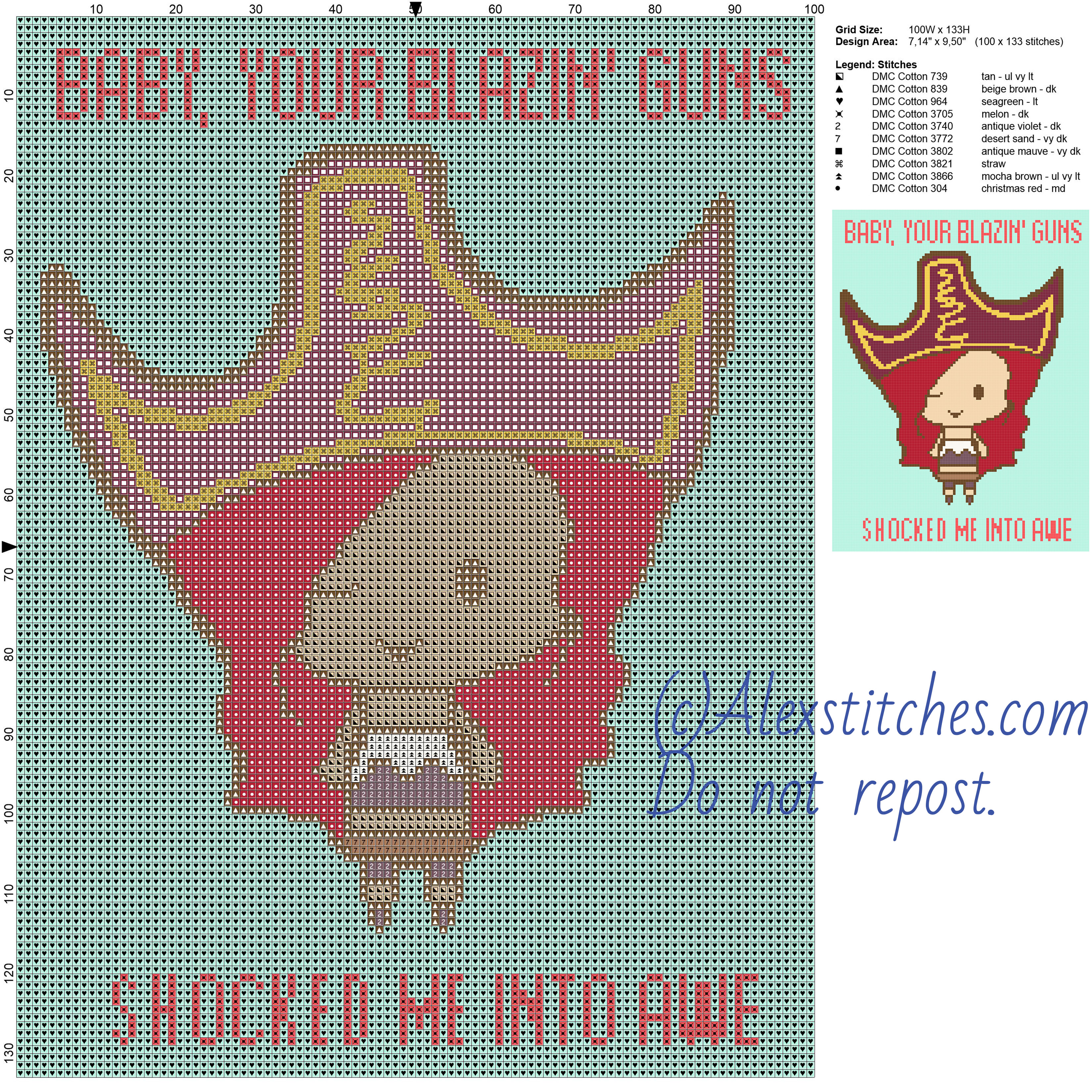 Chibi Miss Fortune League of Legends quotes free cross stitch pattern videogames 100x133 10 colors-01