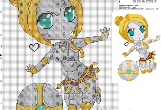Chibi robot Orianna League of Legends free videogames cross stitch pattern 100x135 10 colors