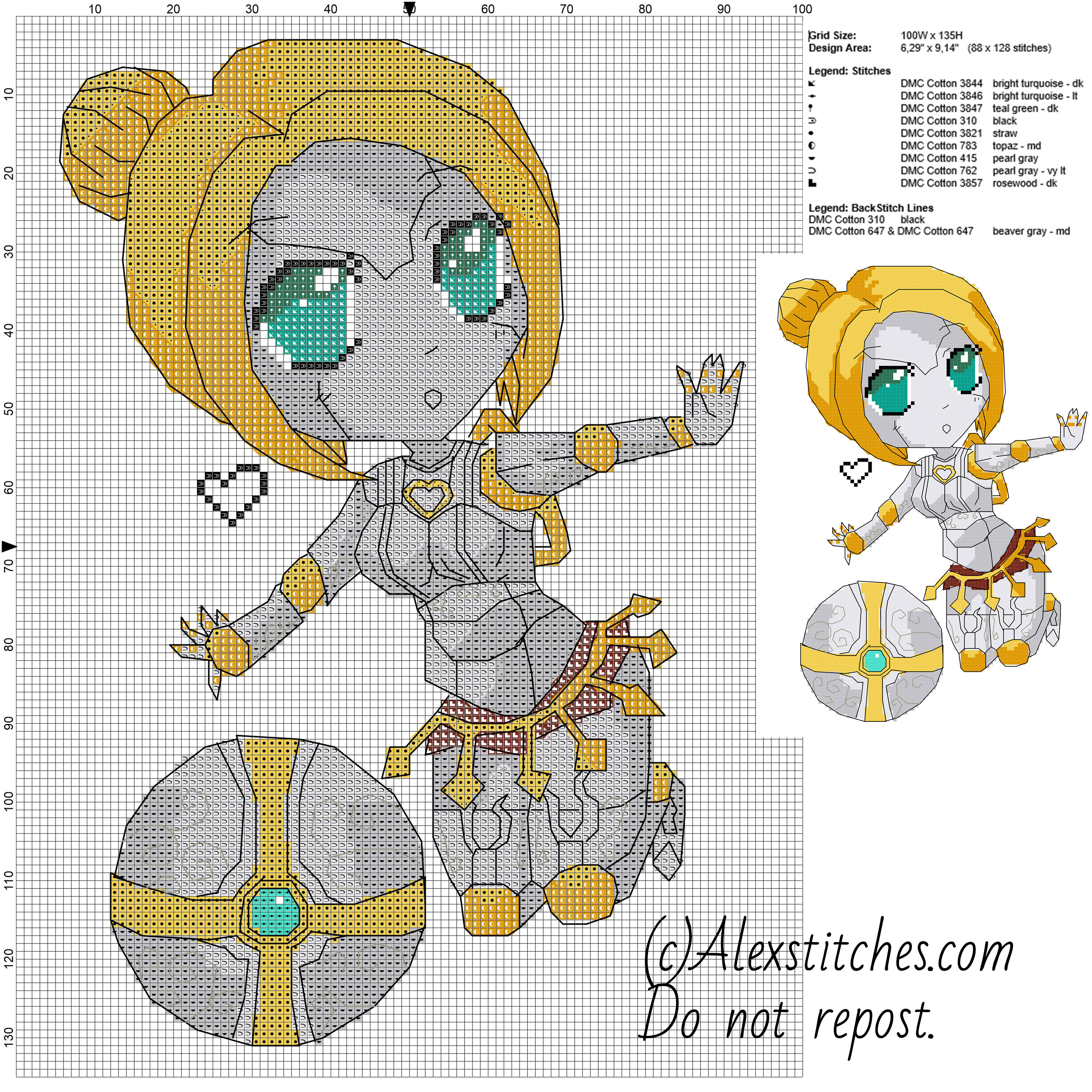 Chibi robot Orianna League of Legends free videogames cross stitch pattern 100x135 10 colors