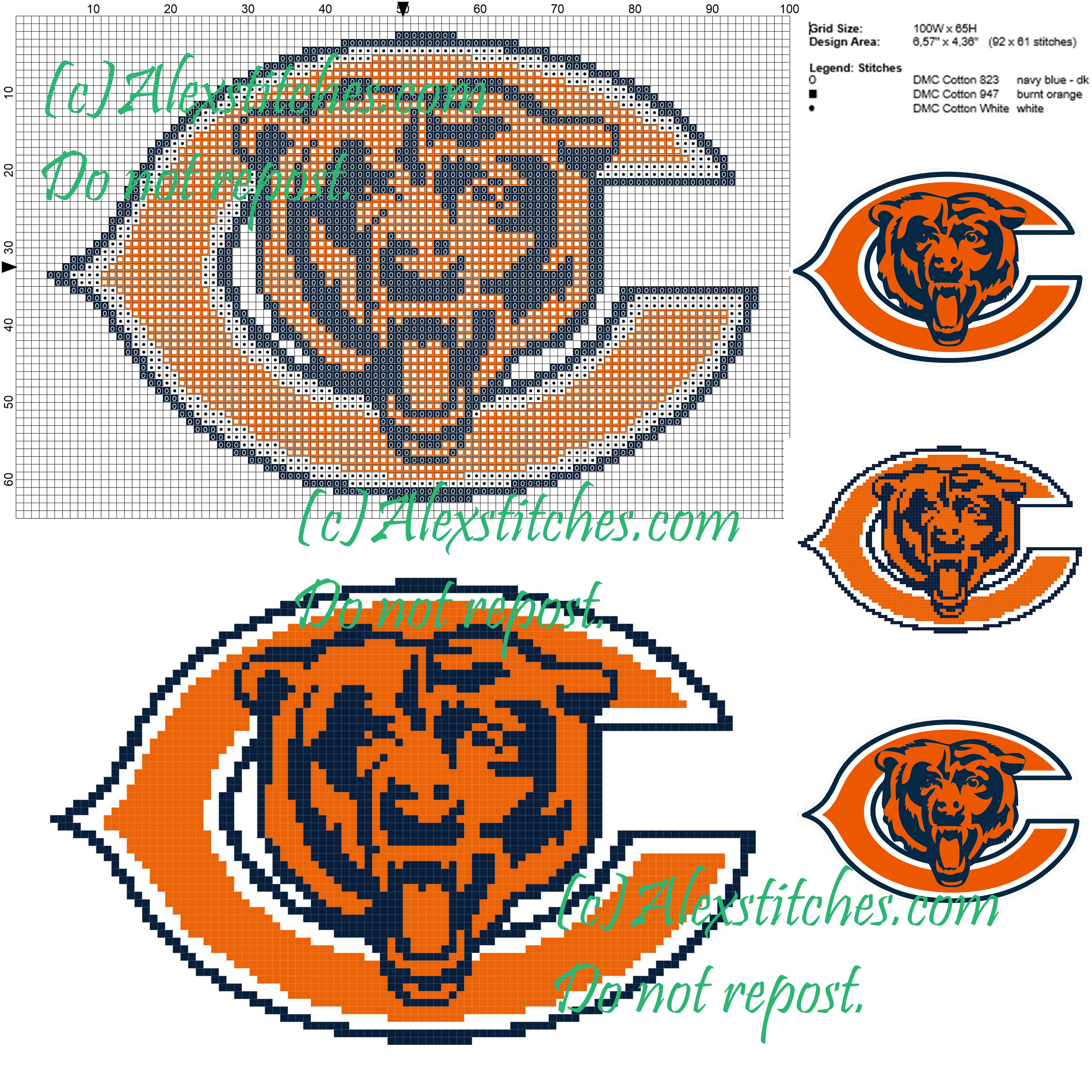 Chicago Bears national football league (NFL) cross stitch pattern 100x65 3 colors