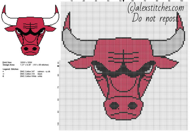 Chicago Bulls team logo NBA National Basketball Association free cross stitch pattern