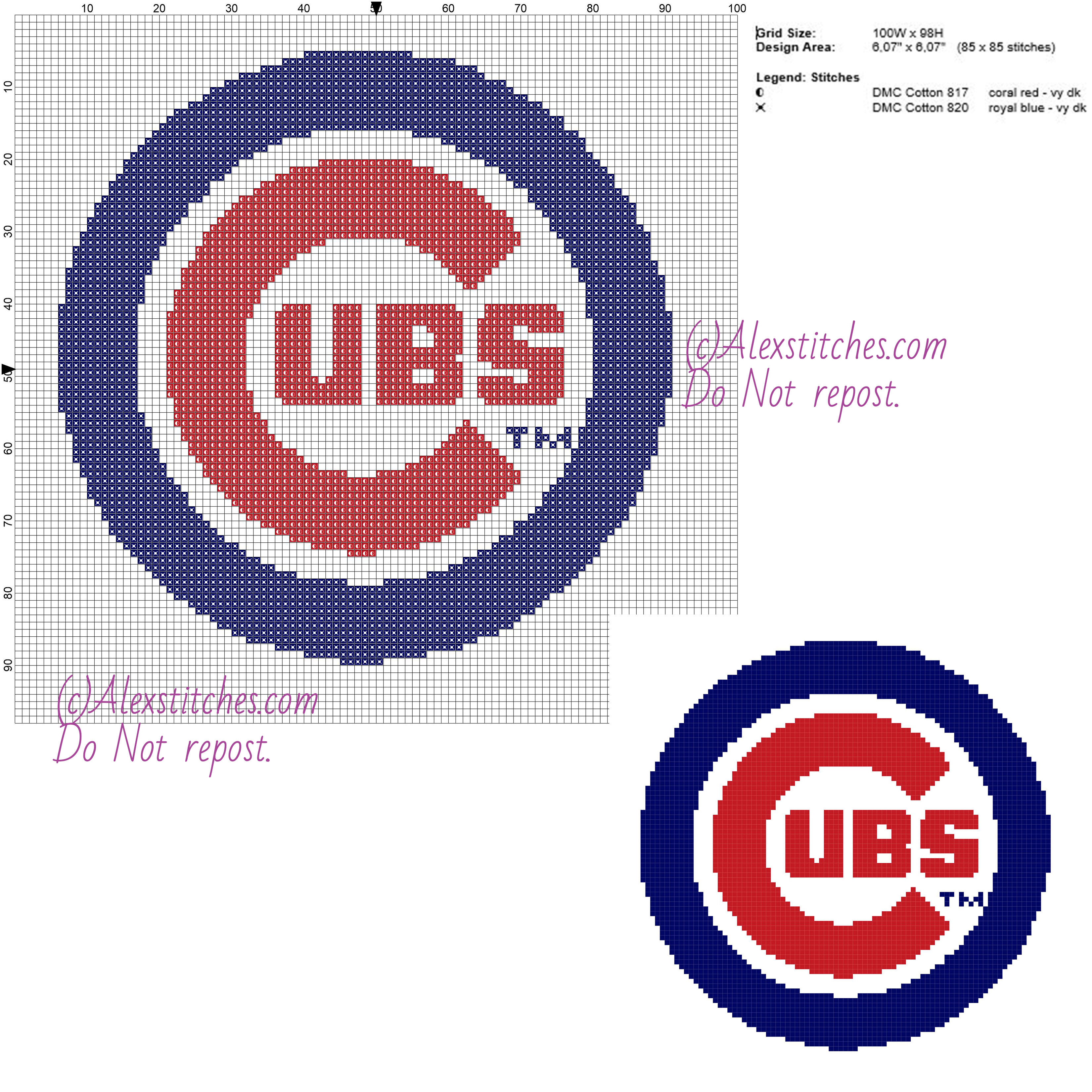 Chicago Cubs free logo Major League Baseball MLB cross stitch pattern 100x98 2 colors
