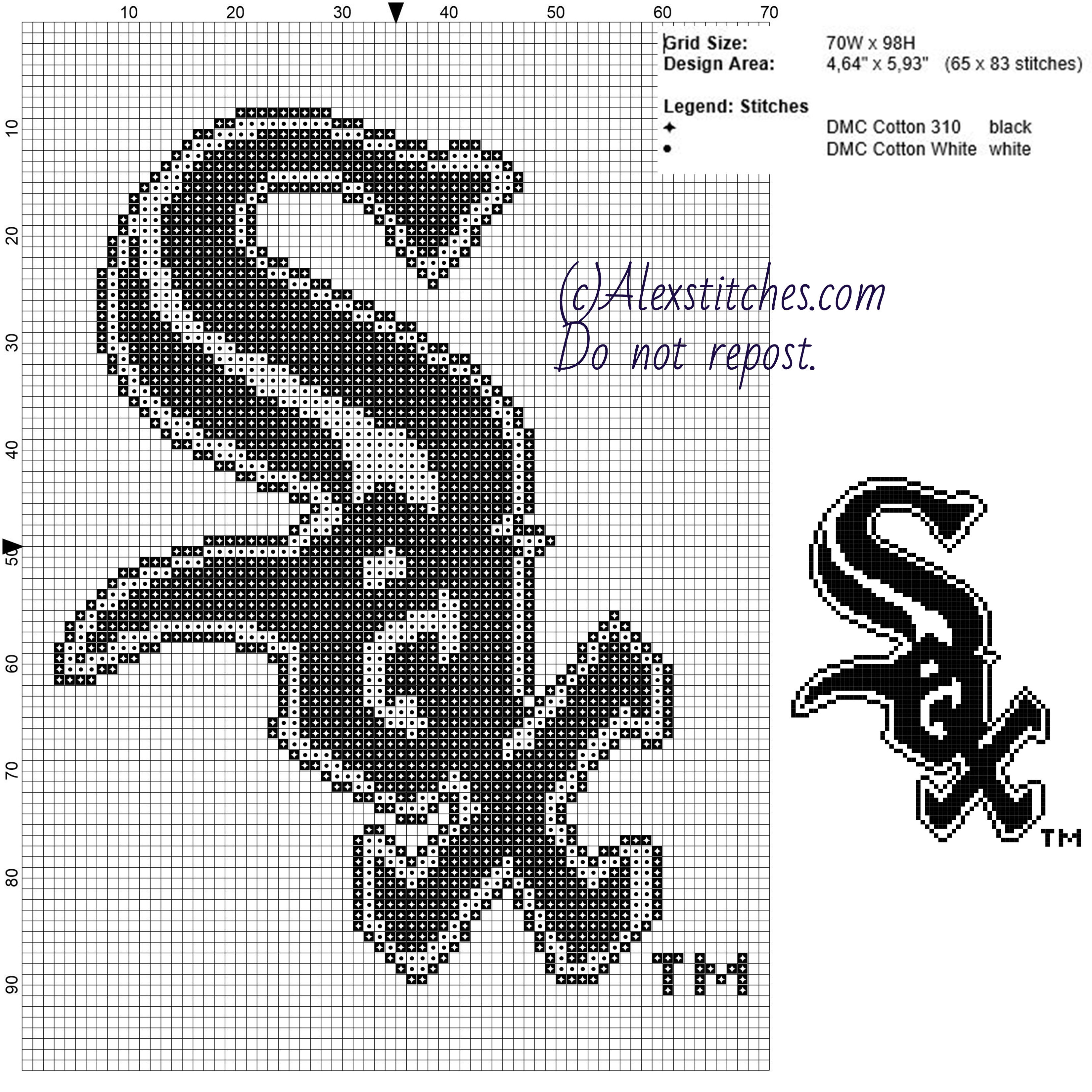 Chicago White Sox free logo Major League Baseball MLB cross stitch pattern 70x98 2 colors