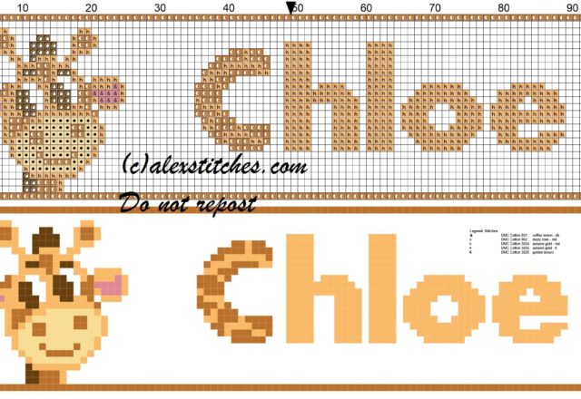 Chloe name with giraffe cross stitch pattern