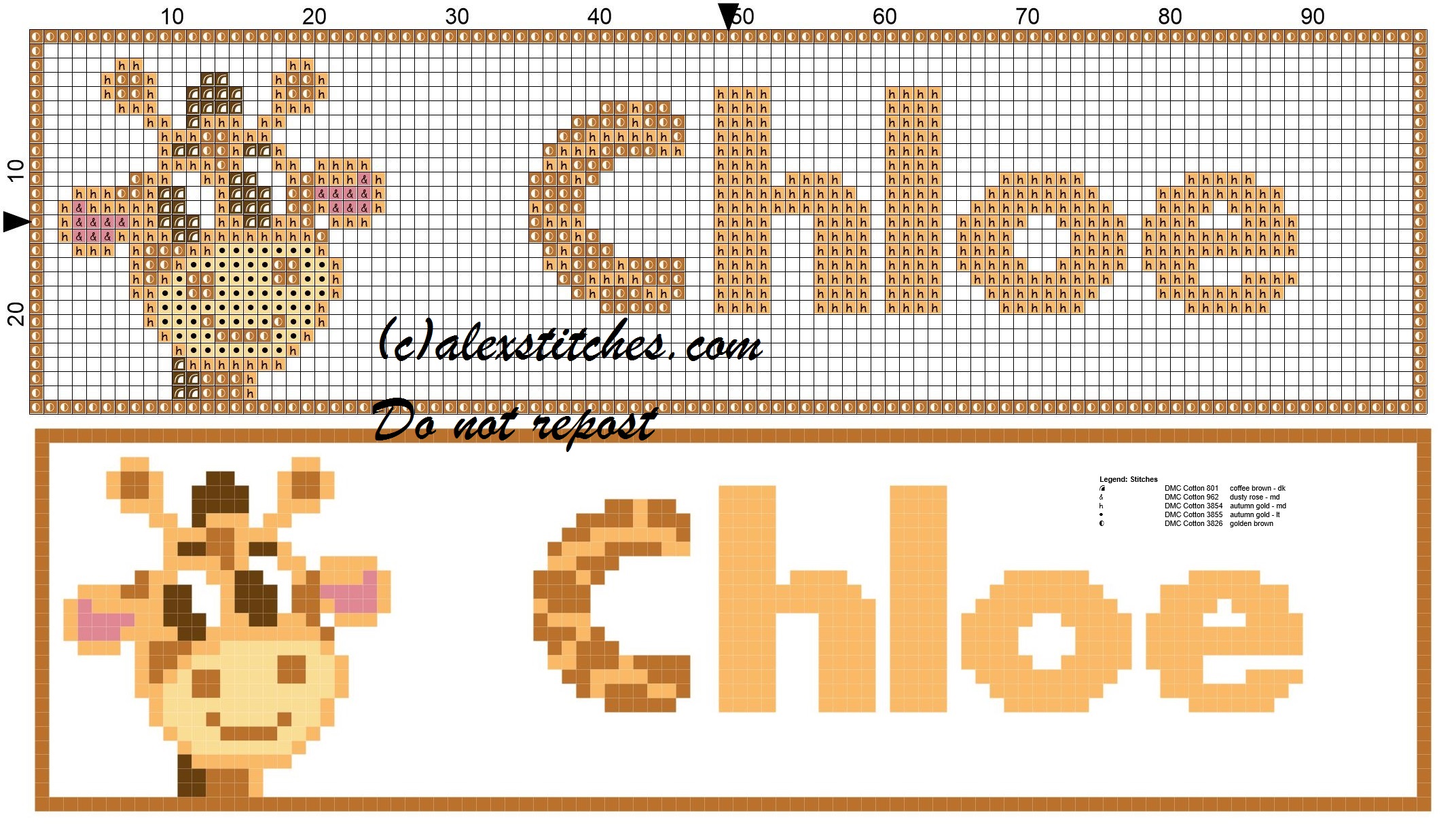 Chloe name with giraffe cross stitch pattern