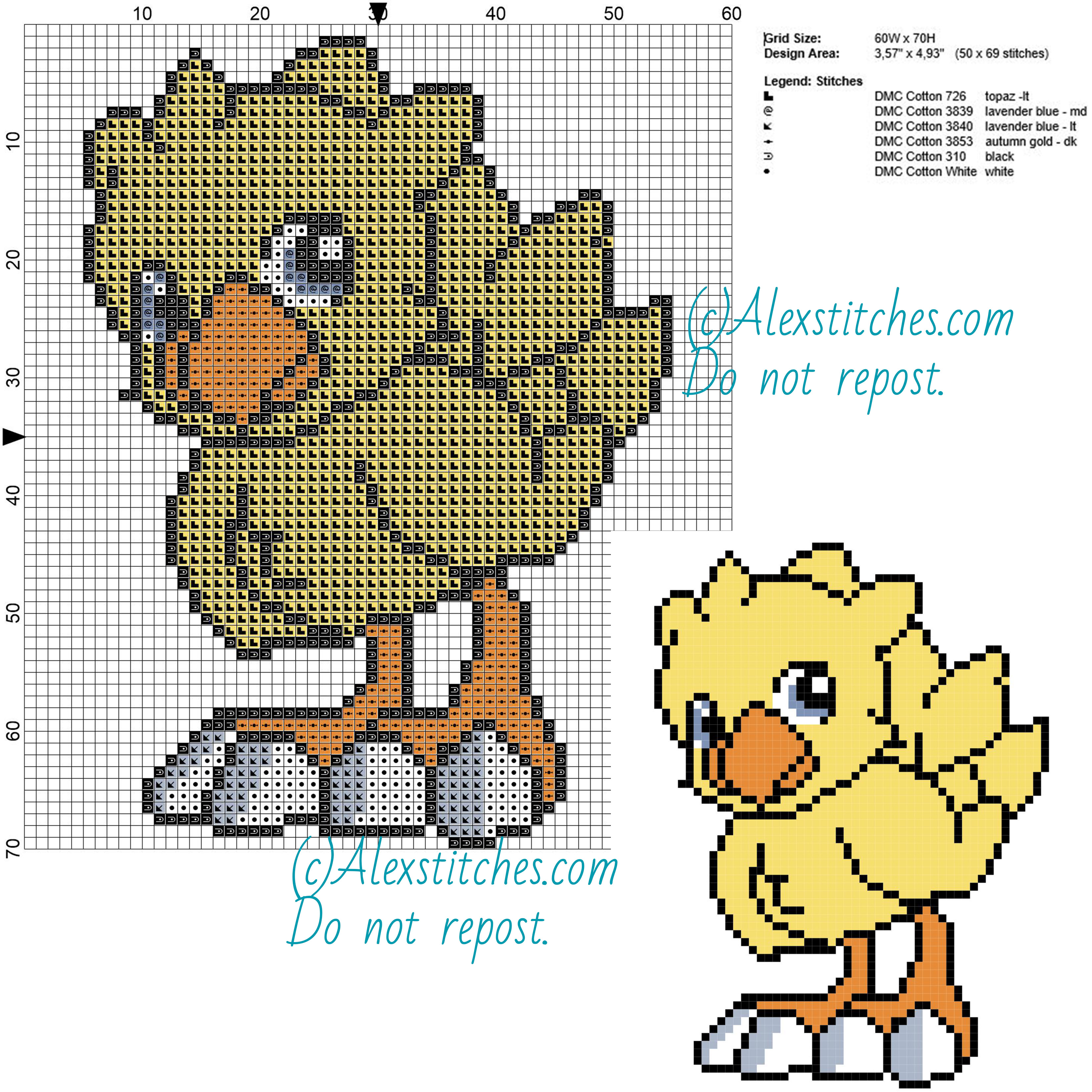 Chocobo (Final Fantasy Saga) free videogames cross stitch pattern 60x70 6 colors