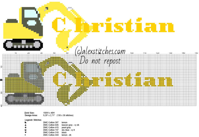 Christian cross stitch baby male name with excavator