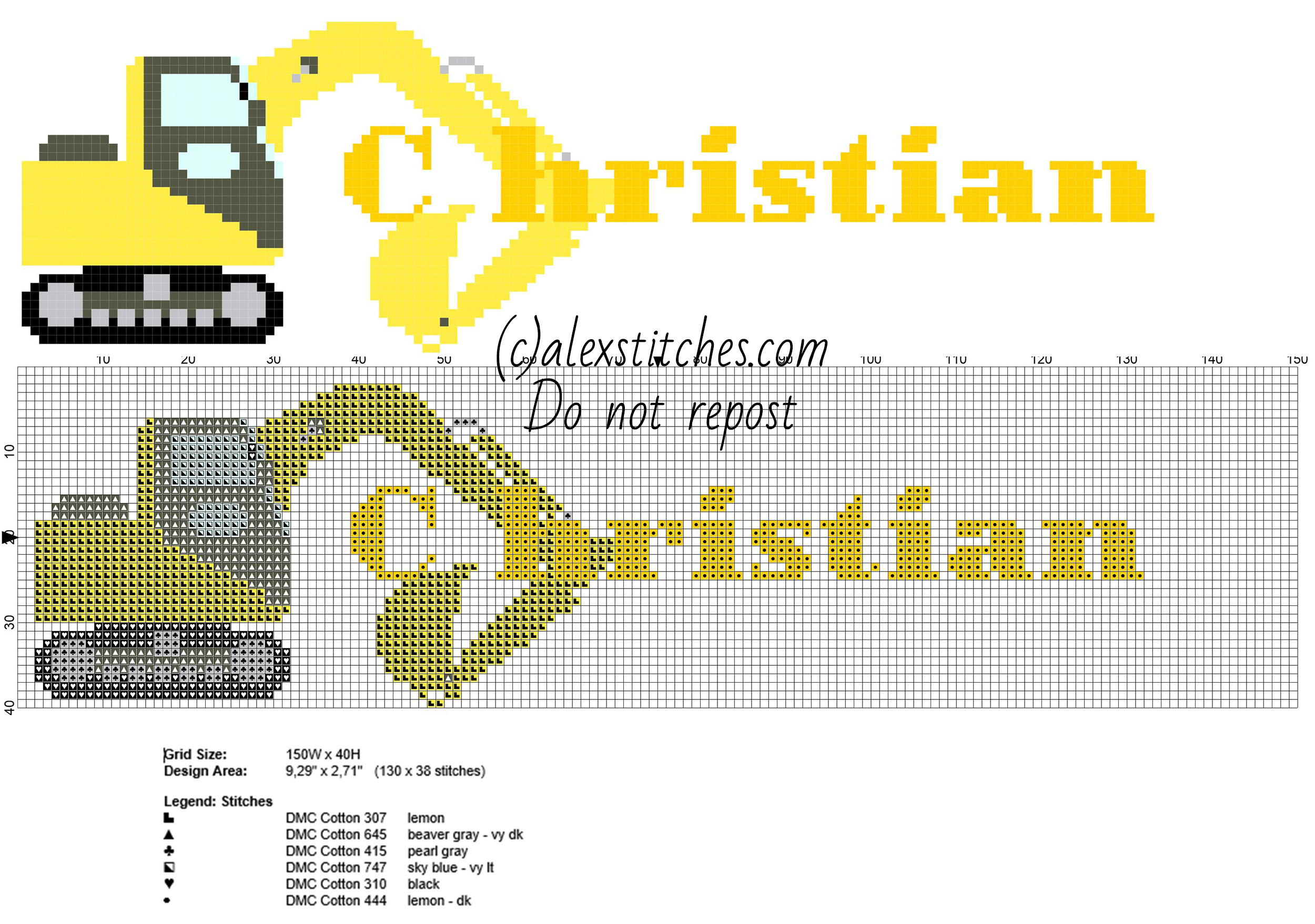Christian cross stitch baby male name with excavator