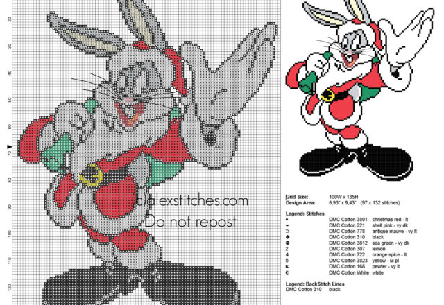 Christmas Bugs Bunny free cross stitch pattern