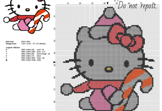 Christmas Hello Kitty with candy free cross stitch pattern 77 x 91 stitches 6 DMC threads
