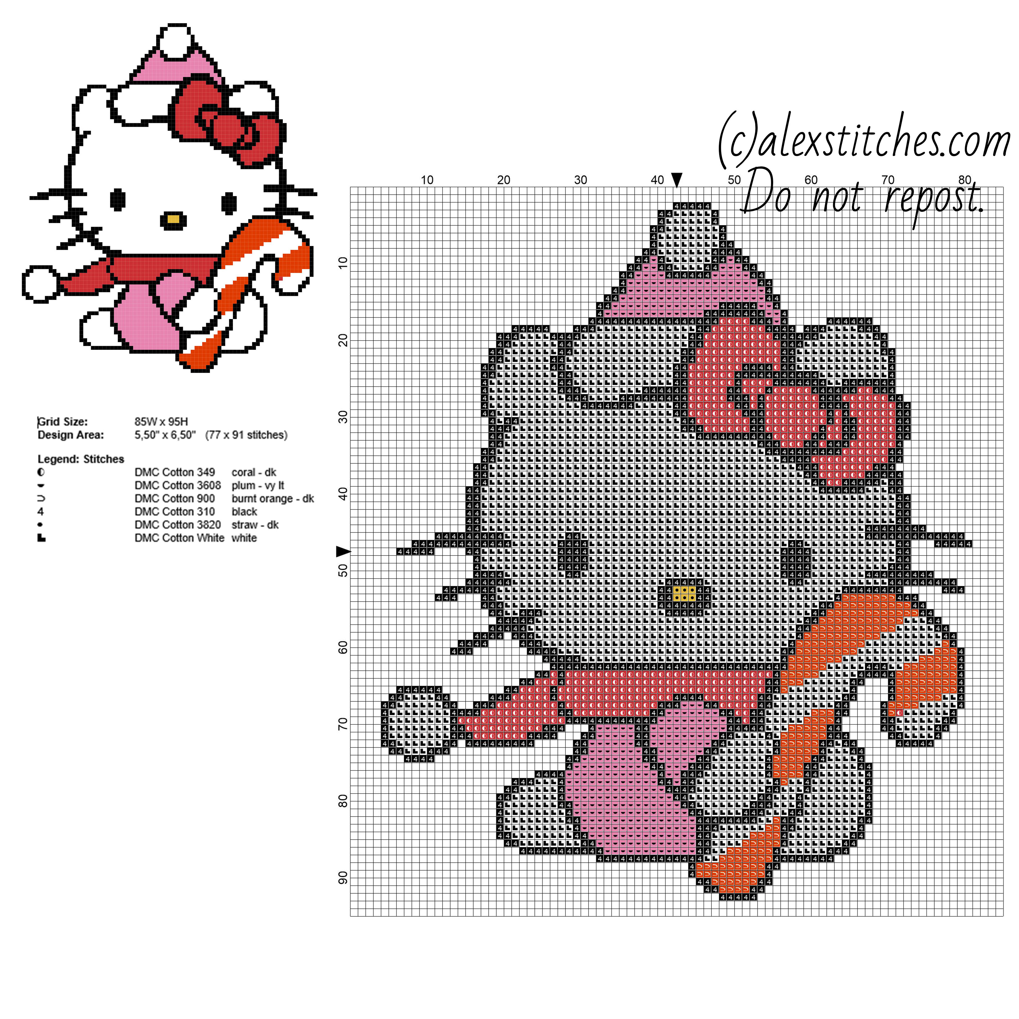 Christmas Hello Kitty with candy free cross stitch pattern 77 x 91 stitches 6 DMC threads