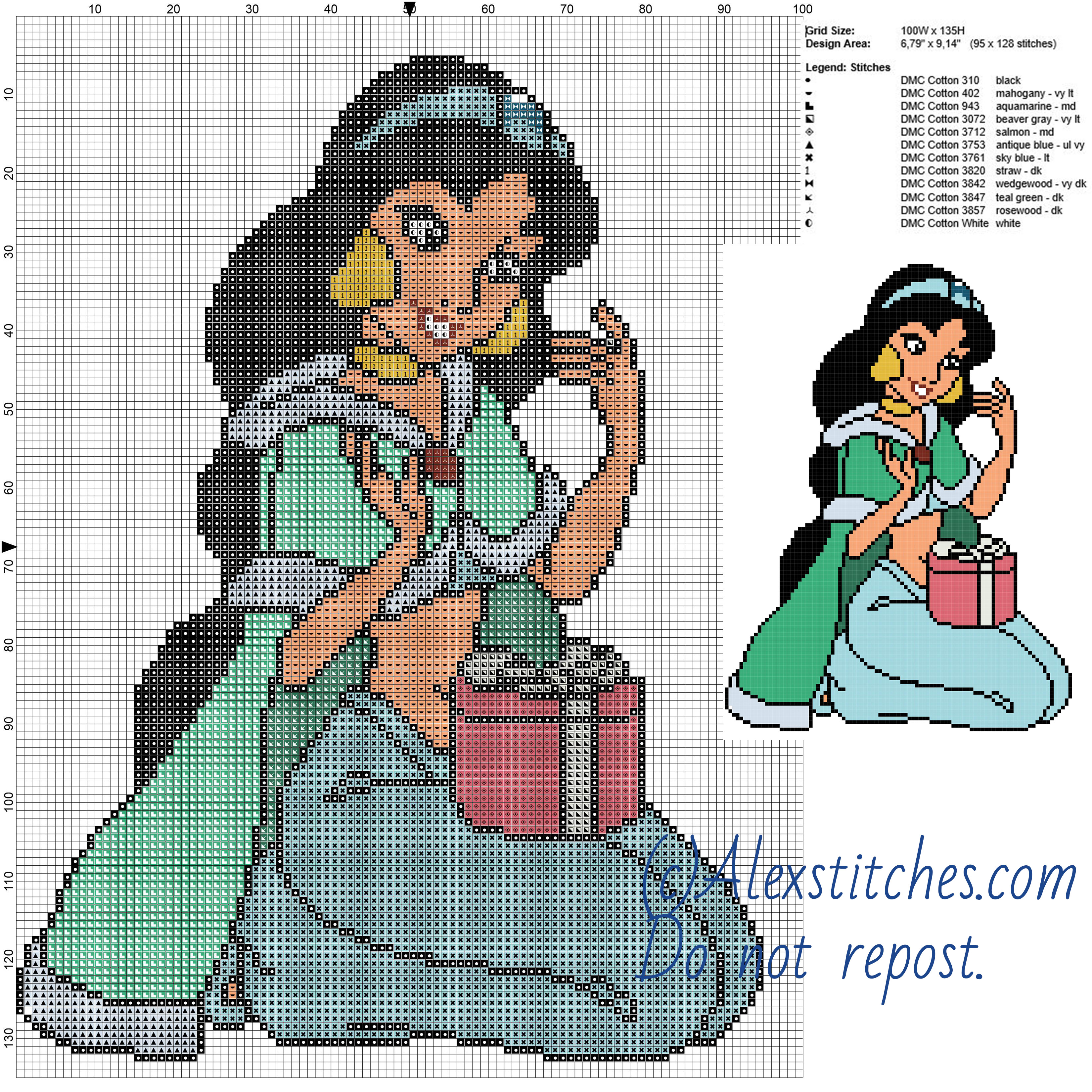 Christmas Jasmine free cross stitch pattern Disney Princess 100x135 12 colors