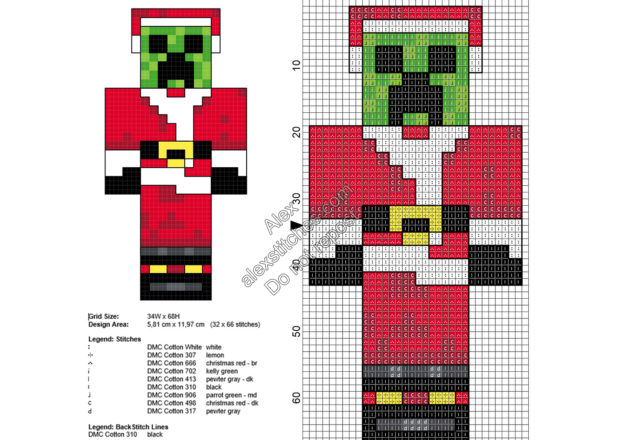 Christmas Minecraft Creeper free cross stitch pattern 32x66