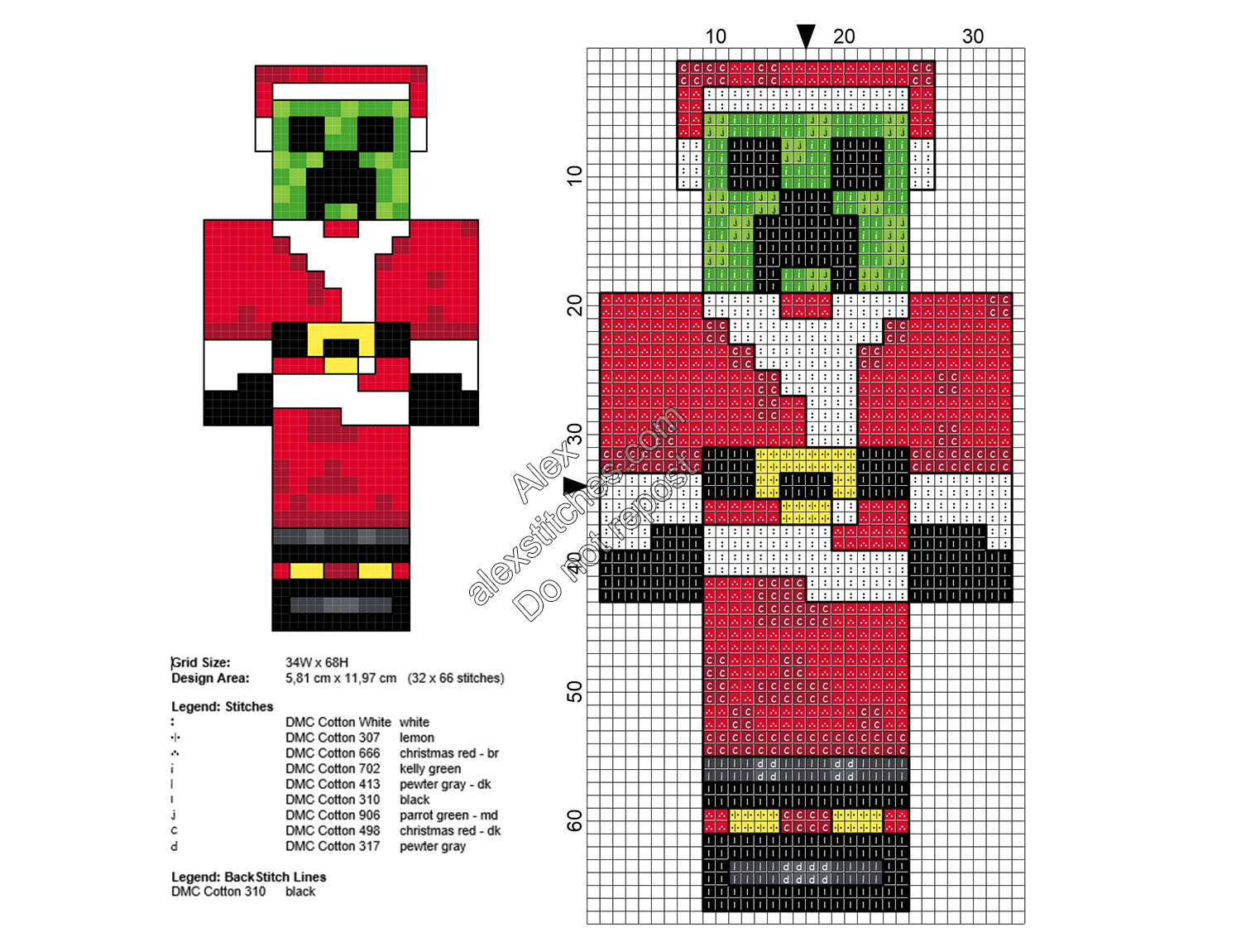 Christmas Minecraft Creeper free cross stitch pattern 32x66