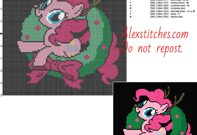 Christmas Pinkie Pie free My Little Pony cross stitch pattern 100x100 12 colors